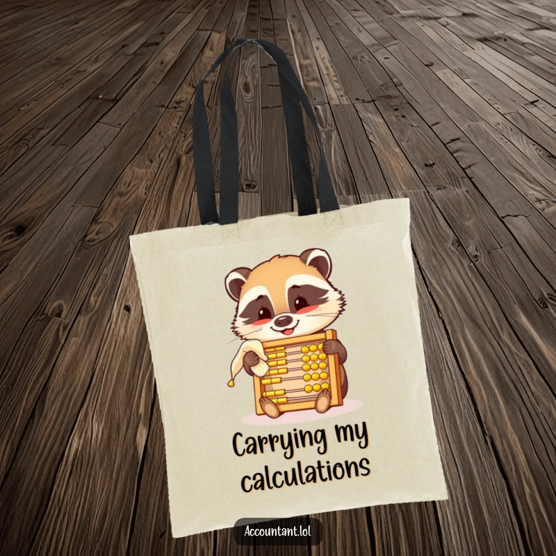 Funny tote bag depicting a smiling badger polishing a golden abacus, humorously representing meticulousness and a love for numbers.