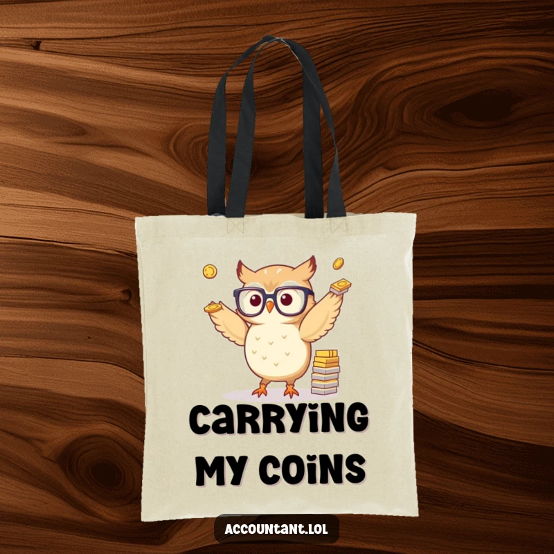Funny tote bag showing a small, bespectacled owl expertly juggling stacks of paper coins, a humorous accessory for your daily haul.