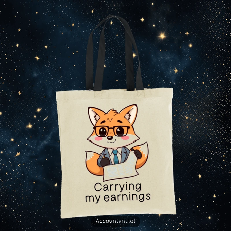 Funny Fox Accountant Tote Bag: A grinning fox accountant draws a smiley face on a balance sheet, ready for shopping.