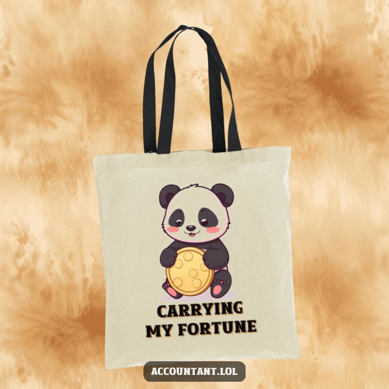 Funny panda tote bag featuring a playful panda bouncing a coin, perfect for carrying daily essentials humorously.