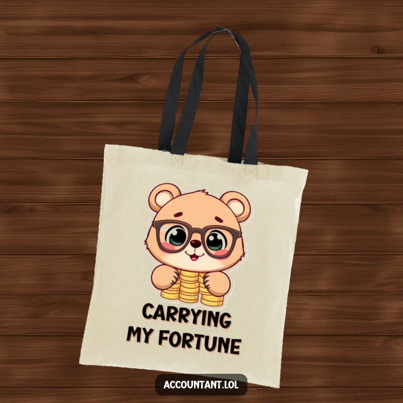 Funny tote bag with a design of a cute bear cub in glasses stacking coins, a humorous symbol of financial accumulation and style.