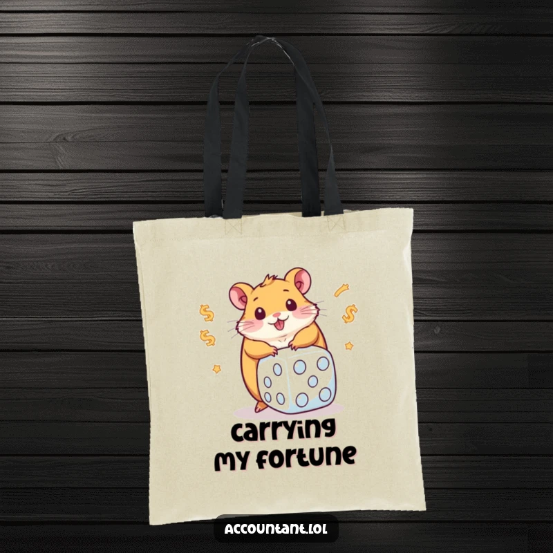 Funny tote bag showcasing a stout hamster gambling with a giant dice imprinted with dollar signs, a humorous depiction of chance.