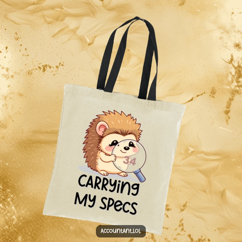 Funny hedgehog magnifying tote bag, a giggling hedgehog peering intently through a magnifying glass at a minuscule number, perfect for errands.