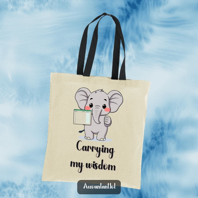 Funny tote bag with a proud elephant holding a spreadsheet, a humorous and practical accessory for carrying documents.