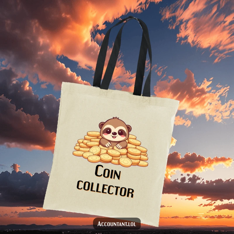 Funny tote bag featuring a smiling sloth partially hidden by a vast accumulation of gold coins, great for carrying essentials.