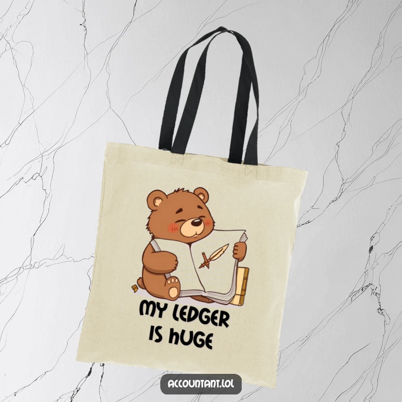 Funny determined brown bear scribbling furiously on a large ledger with a quill, on a sturdy tote bag.
