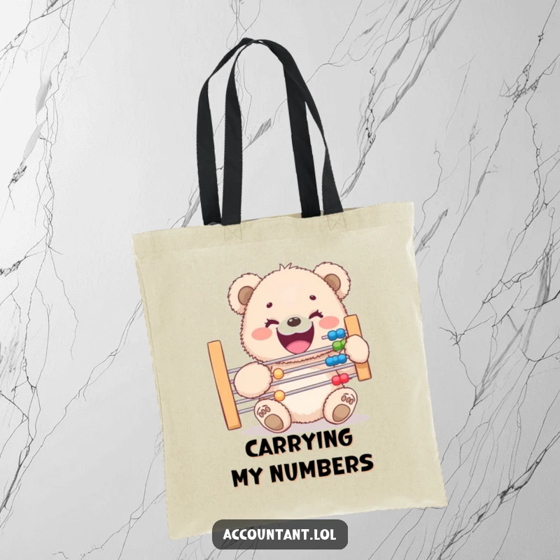 Funny tote bag featuring a joyful fluffy bear cub holding a large abacus, perfect for carrying groceries with a side of humor.
