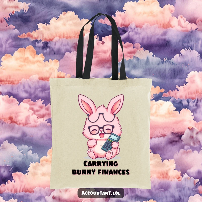Funny pink fluffy bunny wearing glasses, giggling happily holding a calculator on a reusable tote bag.