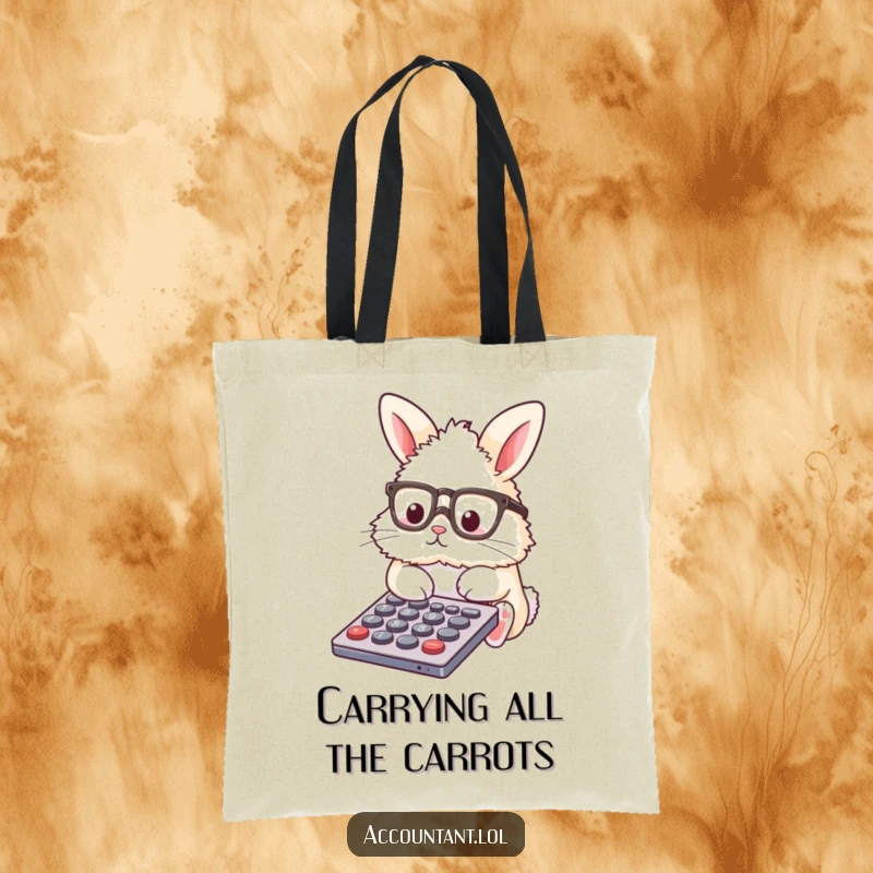 Funny Tote Bag featuring a fluffy bunny in glasses, busy with a calculator, a humorous office accessory.