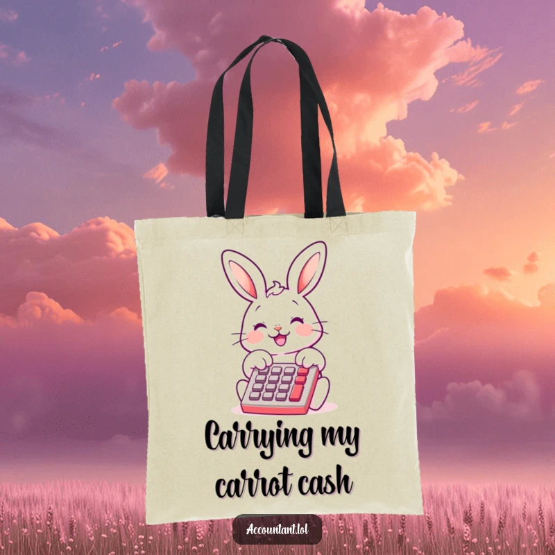 Funny Bunny Bookkeeper Tote Bag, a cheerful bunny, smiling, using a calculator, cute and humorous, perfect for shopping.