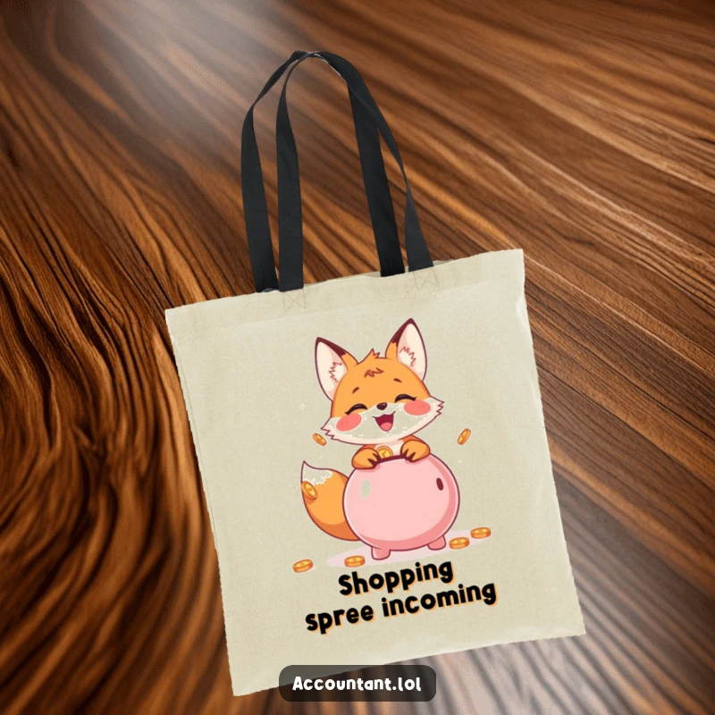 Funny Tote Bag showing a cheerful fox cub depositing coins into a piggy bank, a stylish accessory.