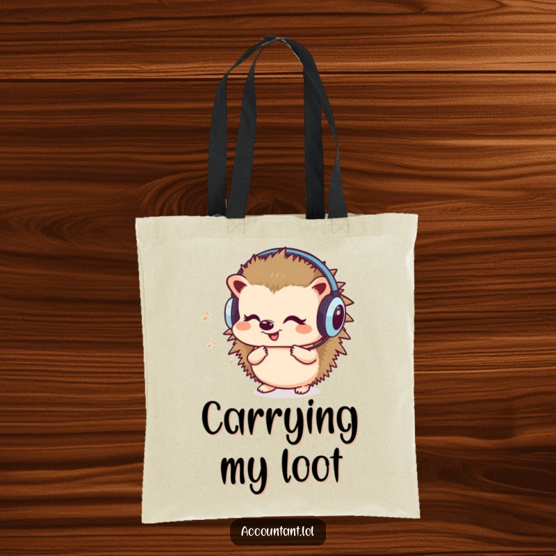 Funny tote bag featuring a cute hedgehog with headphones, humming and counting, ideal for carrying your belongings with musical flair.