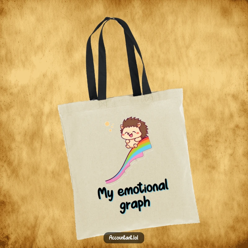 Funny hedgehog tote bag with a happy hedgehog sliding down a rainbow chart, perfect for carrying daily essentials humorously.