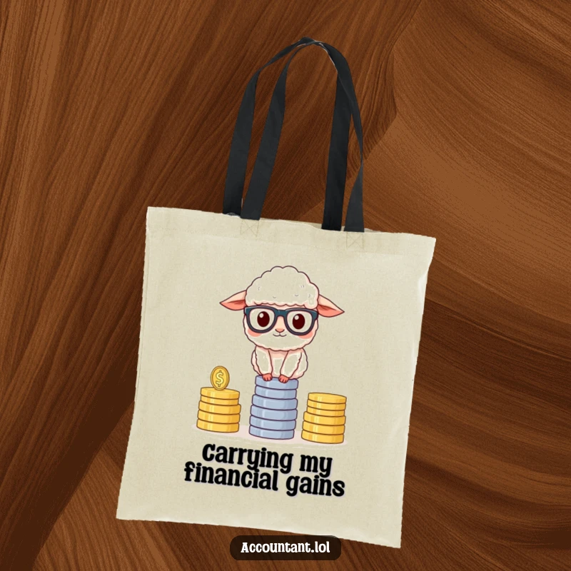 Funny Sheep Accountant Tote Bag, a smart sheep with glasses, juggling coins, stylish and humorous, perfect for errands and gifts.