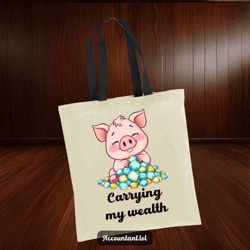 Funny smiling pig counting gems, a stylish and humorous tote bag for carrying precious items.