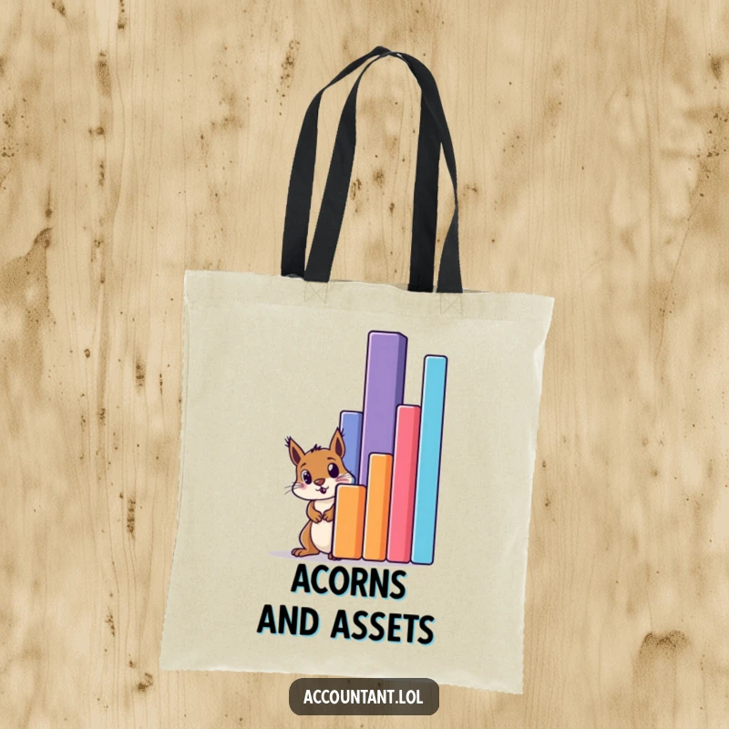 Funny squirrel peeking in amazement behind a colossal bar graph on a durable tote bag, great for shopping.