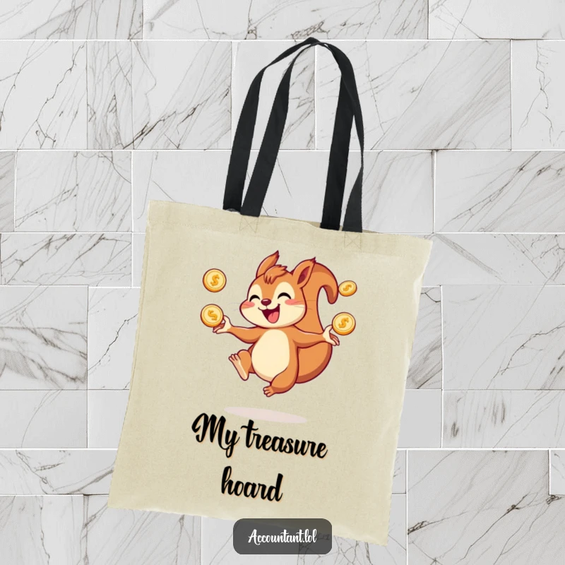 Funny squirrel tote bag featuring a joyful squirrel juggling coins, perfect for carrying daily essentials with a touch of luck.