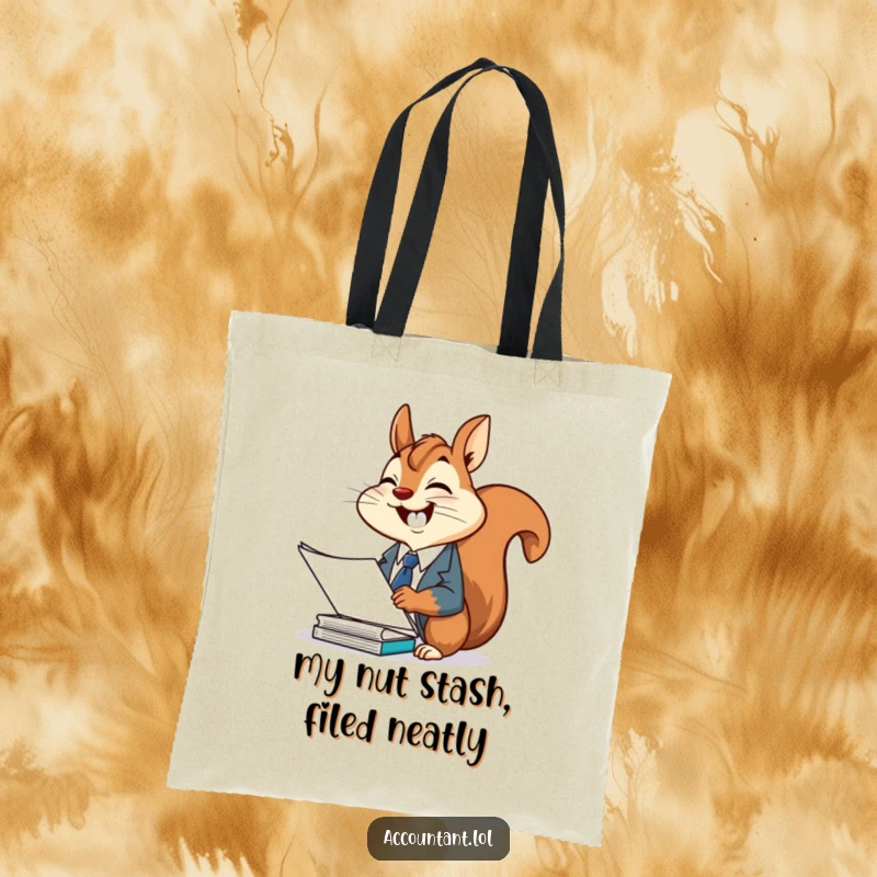 Funny squirrel office tote bag, a cheerful squirrel in a suit, giggling while filing documents, ideal for daily use.