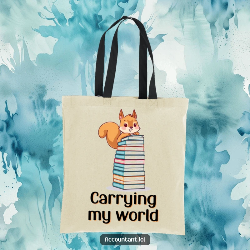 Funny tote bag depicting a playful squirrel struggling to balance a tower of financial ledgers, ideal for carrying documents humorously.