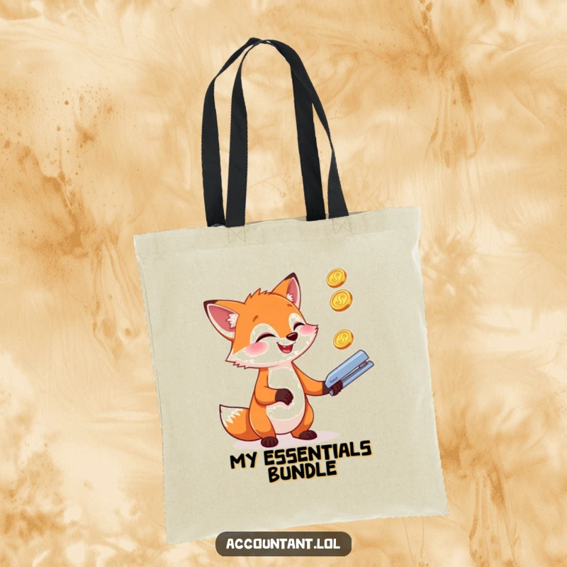 A giggling fox is juggling three shiny coins and a stapler with glee on a durable and funny tote bag.