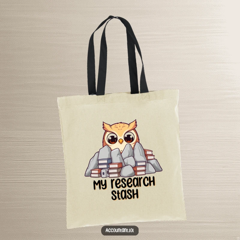A curious owl is peeking out from behind a mountain of ledgers with wide eyes on a durable and funny tote bag.