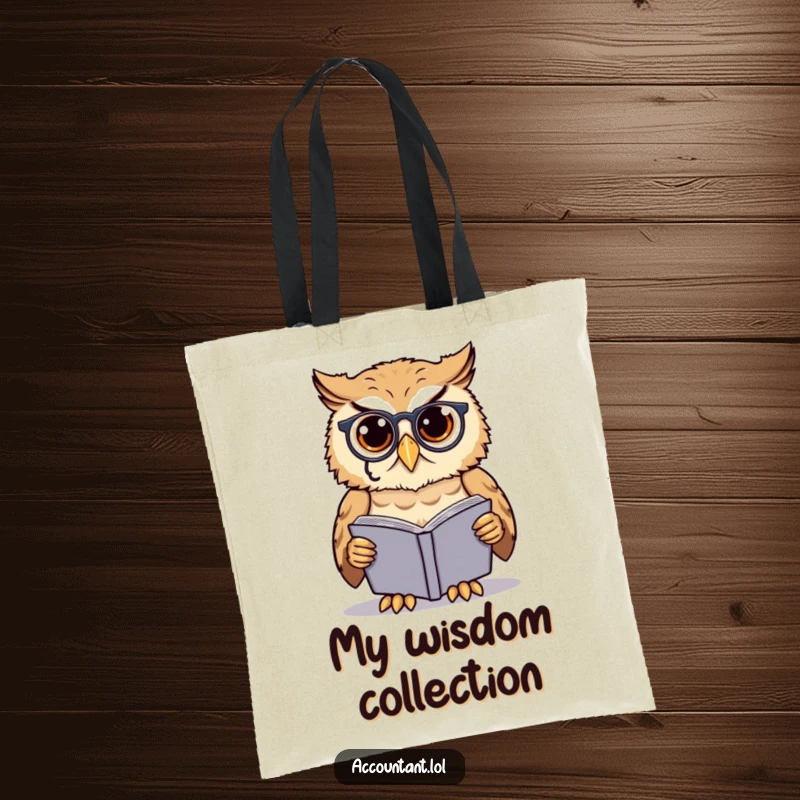 Funny owl scholar tote bag, a cute owl in a monocle, examining a ledgerbook, ideal for carrying books and supplies.
